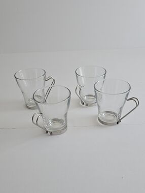 Bormioli Rocco Set Of 4 Italian Tempered  Cafe Glasses With Stainless Handles